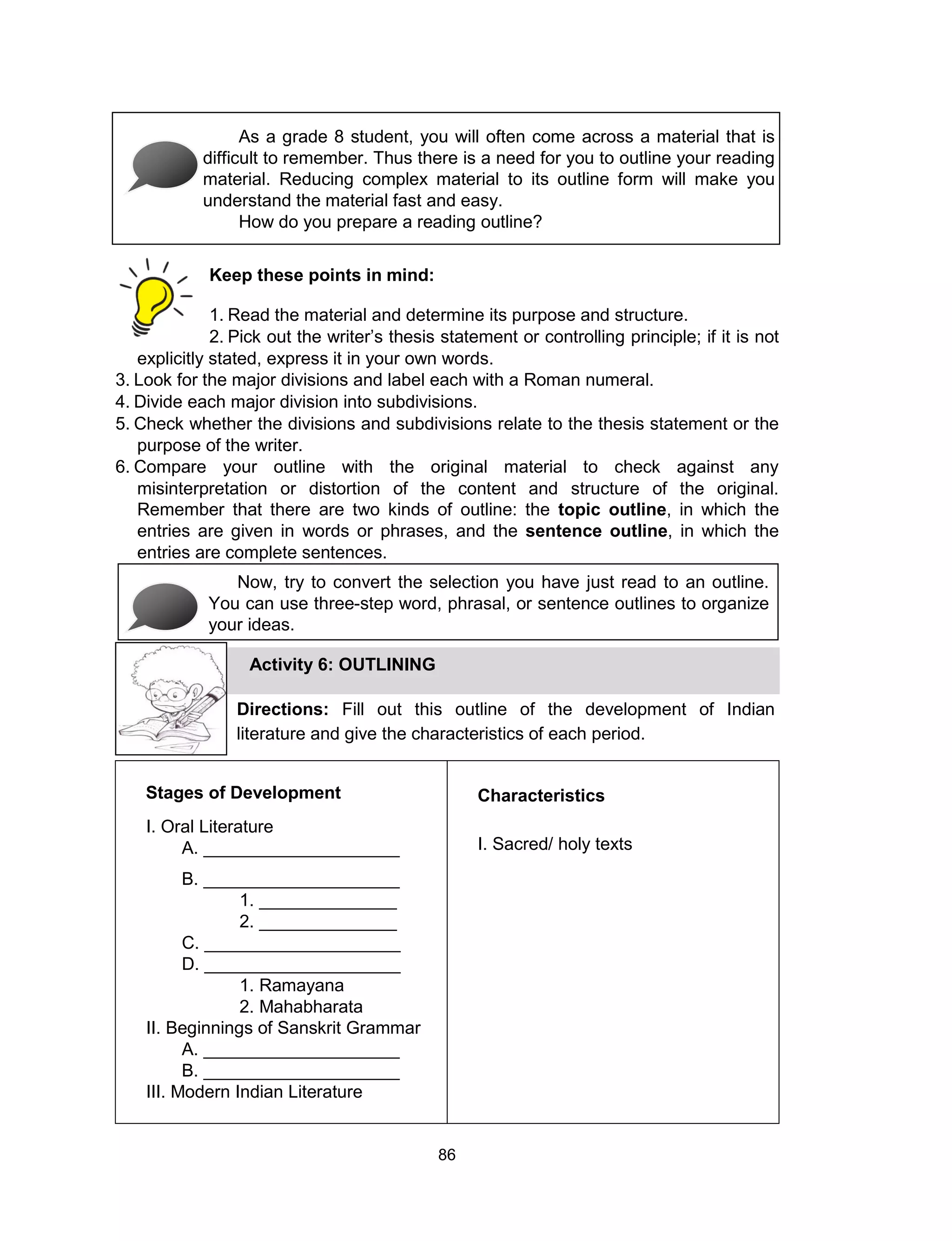 86
Keep these points in mind:
1. Read the material and determine its purpose and structure.
2. Pick out the writer’s thesis statement or controlling principle; if it is not
explicitly stated, express it in your own words.
3. Look for the major divisions and label each with a Roman numeral.
4. Divide each major division into subdivisions.
5. Check whether the divisions and subdivisions relate to the thesis statement or the
purpose of the writer.
6. Compare your outline with the original material to check against any
misinterpretation or distortion of the content and structure of the original.
Remember that there are two kinds of outline: the topic outline, in which the
entries are given in words or phrases, and the sentence outline, in which the
entries are complete sentences.
Stages of Development
I. Oral Literature
A. ____________________
B. ____________________
1. ______________
2. ______________
C. ____________________
D. ____________________
1. Ramayana
2. Mahabharata
II. Beginnings of Sanskrit Grammar
A. ____________________
B. ____________________
III. Modern Indian Literature
Characteristics
I. Sacred/ holy texts
As a grade 8 student, you will often come across a material that is
difficult to remember. Thus there is a need for you to outline your reading
material. Reducing complex material to its outline form will make you
understand the material fast and easy.
How do you prepare a reading outline?
Now, try to convert the selection you have just read to an outline.
You can use three-step word, phrasal, or sentence outlines to organize
your ideas.
Activity 6: OUTLINING
Directions: Fill out this outline of the development of Indian
literature and give the characteristics of each period.
 