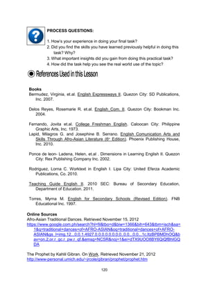 120
Online Sources
Afro-Asian Traditional Dances. Retrieved November 15, 2012
https://www.google.com.ph/search?hl=fil&tbo=d&biw=1366&bih=643&tbm=isch&sa=
1&q=traditional+dances+of+AFRO-ASIAN&oq=traditional+dances+of+AFRO-
ASIAN&gs_l=img.12...0.0.1.4927.0.0.0.0.0.0.0.0..0.0...0.0...1c.ItzBPBMDhOQ&b
av=on.2,or.r_gc.r_pw.r_qf.&emsg=NCSR&noj=1&ei=dTX9UOO8BY6QiQfBhIGQ
DA
The Prophet by Kahlil Gibran. On Work. Retrieved November 21, 2012
http://www-personal.umich.edu/~jrcole/gibran/prophet/prophet.htm
PROCESS QUESTIONS:
1. How’s your experience in doing your final task?
2. Did you find the skills you have learned previously helpful in doing this
task? Why?
3. What important insights did you gain from doing this practical task?
4. How did the task help you see the real world use of the topic?
Books
Bermudez, Virginia, et.al. English Expressways II. Quezon City: SD Publications,
Inc. 2007.
Delos Reyes, Rosemarie R. et.al. English_Com. II. Quezon City: Bookman Inc.
2004.
Fernando, Jovita et.al. College Freshman English. Caloocan City: Philippine
Graphic Arts, Inc. 1973.
Lapid, Milagros G. and Josephine B. Serrano. English Comunication Arts and
Skills Through Afro-Asian Literature (6th
Edition). Phoenix Publishing House,
Inc. 2010.
Ponce de leon- Ladena, Helen, et.al . Dimensions in Learning English II. Quezon
City: Rex Publishing Company Inc. 2002.
Rodriguez, Lorna C. Worktext in English I. Lipa City: United Eferza Academic
Publications, Co. 2010.
Teaching Guide English II. 2010 SEC: Bureau of Secondary Education,
Department of Education. 2011.
Torres, Myrna M. English for Secondary Schools (Revised Edition). FNB
Educational Inc. 1997.
 