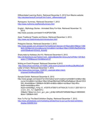 121
Differentiated Learning Rubric. Retrieved December 5, 2012 from Maxine website:
http://atozteacherstuff.com/pdf.htm?rubric_differentiated.pdf
Ramayana: Summary. Retrieved December 7, 2012
http://www.mythome.org/RamaSummary.html
English - Mythology Stories - Animated Story For Kids. Retrieved November 10,
2012.
http://www.youtube.com/watch?v=k3lPGfvF2Bk
Asian Traditional Theatre and Dance. Retrieved December 3, 2012.
http://www.xip.fi/atd/introduction/introduction.html
Philippine Dances. Retrieved December 3, 2012.
http://www.google.com.ph/search?q=traditional+dances+of+filipino&hl=fil&biw=1366
&bih=643&prmd=imvns&source=lnms&tbm=isch&sa=X&ei=CKKKUNeZDdHirAe
umIHYBw&ved=0CAcQ_AUoAQ
Shakuntala by Kalidasa (Act IV). Retrieved December 6, 2012.
http://oll.libertyfund.org/?option=com_staticxt&staticfile=show.php%3Ftitle=1261&ch
apter=77399&layout=html&Itemid=27
Writing an Event Proposal. Retrieved December 6,2012.
http://www.ehow.com/how_6115264_write-event-proposal.html#ixzz2ByM9uEwM
Letter of Intent. Retrieved December 7, 2012.
http://www.ehow.com/way_5348161_example-letter-intent-
proposal.html#ixzz2BylfJtQv
Sample Exhibit. Retrieved December 6, 2012.
http://www.google.com/search?q=informative+and+creative+exhibit&hl=en&tbo=d&s
ource=lnms&tbm=isch&sa=X&ei=bEegUMjLKaeCiQfRqoDwDg&sqi=2&ved=0CA
QQ_AUoAA&biw=1366&bih=643#hl=en&tbo=d&tbm=isch&sa=1&q=Afro-
Asian+exhibit&oq=Afro-
Asian+exhibit&gs_l=img.12...472570.473837.0.477434.25.7.0.0.0.1.3207.6311.9
-2.2.0...0.0...1c.1.dqEfnO1v-
34&pbx=1&bav=on.2,or.r_gc.r_pw.r_qf.&fp=b9f3c05734f0b8b7&bpcl=38093640
&biw=1366&bih=643
How To Put Up The Best Exhibition Display. Retrieved December 7, 2012.
http://www.articlesbase.com/marketing-articles/how-to-put-up-the-best-exhibition-
display-526499.html
 
