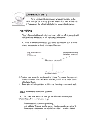 6
Form a group with classmates who are interested in the
same subtopic. As a group, you will research on then write about
it. You may do the following to help you accomplish the work:
PRE-WRITING
Step 1. Generate ideas about your chosen subtopic. (This subtopic will
henceforth be referred to as the topic of your research.)
a. Make a semantic web about your topic. To help you start in listing
ideas, ask questions about your topic. Example:
Activity 5: LET’S WRITE!
I KNOW ARE…
b. Present your semantic web to another group. Encourage the members
to ask questions about the things that they would like to know (more)
about your topic.
c. Take note of their questions and include them in your semantic web.
Step 2. Gather the information you need.
a. List down how you could best get the information about your
chosen topic. For example, you may:
Go to the school or municipal library.
Ask a Social Science teacher or any teacher who knows about it.
Interview someone who had visited the place or studied about it.
 