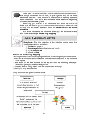 82
Great job! You have combined sets of ideas to form new sentences.
But always remember, we do not just put together any two or three
sentences into one. There must be a relationship in meaning between
those sentences. You would still encounter more exercises regarding
conjunctions in the next quarter.
Previously, you listened to an informative text about the culture of
India, now it’s time for you to know additional information about the said
country. You will read a selection about the characteristics of Indian
Literature.
But, let us first define the unfamiliar words you will encounter in the
text. Let’s do it through Vocabulary Mapping.
Activity 4: VOCABULARY MAPPING
Directions: Give the meaning of the italicized words using the
vocabulary mapping procedure.
1. rituals and prayers
2. discourses between teachers and pupils
3. moral undertones
4. cultural revival
Process for Vocabulary Mapping:
 Accomplish the vocabulary mapping worksheet by following the procedure below:
 There are 4 squares in each worksheet. Place the italicized word at the middle of
each square.
 Label each of the four corners of the square with the following headings:
definition, synonym, sentence and picture.
 Complete what is being asked for in each of the four headings
 Share your map with the class.
Study and follow the given example below.
Patient
Definition Synonym
Sentence
Tolerant
Uncomplaining
Thoughtful
Picture
Tom was very patient with me when
I didn’t understand the
instructions on how to play soccer.
He helped me join in the game.
To be patient is to care
enough about someone so that
he/she may have the time to
understand.
 