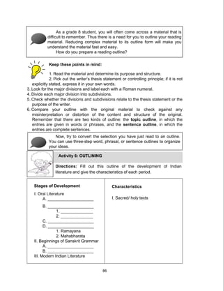 86
Keep these points in mind:
1. Read the material and determine its purpose and structure.
2. Pick out the writer’s thesis statement or controlling principle; if it is not
explicitly stated, express it in your own words.
3. Look for the major divisions and label each with a Roman numeral.
4. Divide each major division into subdivisions.
5. Check whether the divisions and subdivisions relate to the thesis statement or the
purpose of the writer.
6. Compare your outline with the original material to check against any
misinterpretation or distortion of the content and structure of the original.
Remember that there are two kinds of outline: the topic outline, in which the
entries are given in words or phrases, and the sentence outline, in which the
entries are complete sentences.
Stages of Development
I. Oral Literature
A. ____________________
B. ____________________
1. ______________
2. ______________
C. ____________________
D. ____________________
1. Ramayana
2. Mahabharata
II. Beginnings of Sanskrit Grammar
A. ____________________
B. ____________________
III. Modern Indian Literature
Characteristics
I. Sacred/ holy texts
As a grade 8 student, you will often come across a material that is
difficult to remember. Thus there is a need for you to outline your reading
material. Reducing complex material to its outline form will make you
understand the material fast and easy.
How do you prepare a reading outline?
Now, try to convert the selection you have just read to an outline.
You can use three-step word, phrasal, or sentence outlines to organize
your ideas.
Activity 6: OUTLINING
Directions: Fill out this outline of the development of Indian
literature and give the characteristics of each period.
 