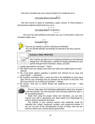 93
One who is doubtful may use a rising intonation for a statement as in:
Yoni holds office in this building?
One who scorns or wants to emphasize a place, person, or thing stresses a
demonstrative adjective before that noun, as in;
Yoni holds office in this building.
One who has self-confidence and poise may use a normal pitch, stress and
intonation pattern as in;
The battle began.
How can you identify a person’s attitudes and feelings?
You can identify attitudes and feelings by listening to the way a person
speaks.
Activity 9: ORAL PRACTICE
Get a partner and take turns in reading and listening to the following
dialogs from The Ramayana. Identify the feeling expressed by your
partner through his/her intonation, stress, and pitch.
1. "I gladly obey father's command." - Rama
2. "The eldest must rule, please come back and claim your rightful place as king." -
Bharata
3. “You must stand vigilant, guarding a sacrifice from demons for six days and
seven nights.” – Visvamitra
4. “My husband, remember when I saved your life in the battlefield so many years
ago? And do you remember that you granted me two boons at that time. The
time has come for you to fulfill your promise!” – Kaikeyi
5. “Oh woman, have you no heart? Please ask anything but not that.” – King
Dasaratha
Did you make clear and interesting explanations about your answers
in the last activity? You will encounter more exercises about this topic in
the succeeding lessons.
Aside from using the proper stress and intonation, you can also
improve your skill in expressing your ideas clearly and interestingly by
using a variety of sentence structures.
You learned in your previous lessons that sentences could be
classified into: simple, compound, complex, and compound-complex. If
you are not sure of the characteristics of each of these, here are key
points to refresh your memory before going further.
 