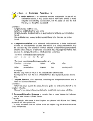 94
Kinds of Sentences According to
Structure
A. Simple sentence – is a sentence with one independent clause and no
subordinate clause. It may contain two or more verbs or two or more
subjects connected by subordinators, but this does not alter the fact
that only one thought is expressed.
Examples:
King Dasharata had four sons.
Lakshman and Shatrughna were twins.
King Dasharatha decides it is time to give his throne to Rama and retire to the
forest.
Sita and Lakshman begged and convinced Rama to let them set out for the
forest.
B. Compound Sentence – is a sentence composed of two or more independent
clauses but no subordinate clauses. The clauses of a compound sentence may
be separated by semi-colons or commas followed by coordinating conjunctions;
or semi-colons followed by sentence connectors. You may separate the two main
clauses of a compound sentence into two simple sentences.
The most common coordinators are:
and or nor so but for yet
The most common sentence connectors are:
therefore moreover indeed while also
hence
in fact nevertheless however thus consequently
Examples:
Bharata begs Rama to return to the palace but the latter refuses.
Rama goes off to hunt the deer, while Lakshman draw a protective circle around
Sita.
C. Complex Sentence - is a sentence containing one independent clause and at
least one subordinate clause.
Examples:
When Sita steps outside the circle, Ravana grabs her and carries her off to his
kingdom in Lanka.
Ravana’s men capture Hanuman before he could finish conversing with Sita.
D. Compound-Complex Sentence – contains two or more independent clauses
and at least one subordinate clause.
Examples:
The people who were in the kingdom are pleased with Rama, but Kaikeyi
plotted an evil plan against him.
Kaikeyi requested that her son be made the regent king and Rama should be
exiled in the forest.
 