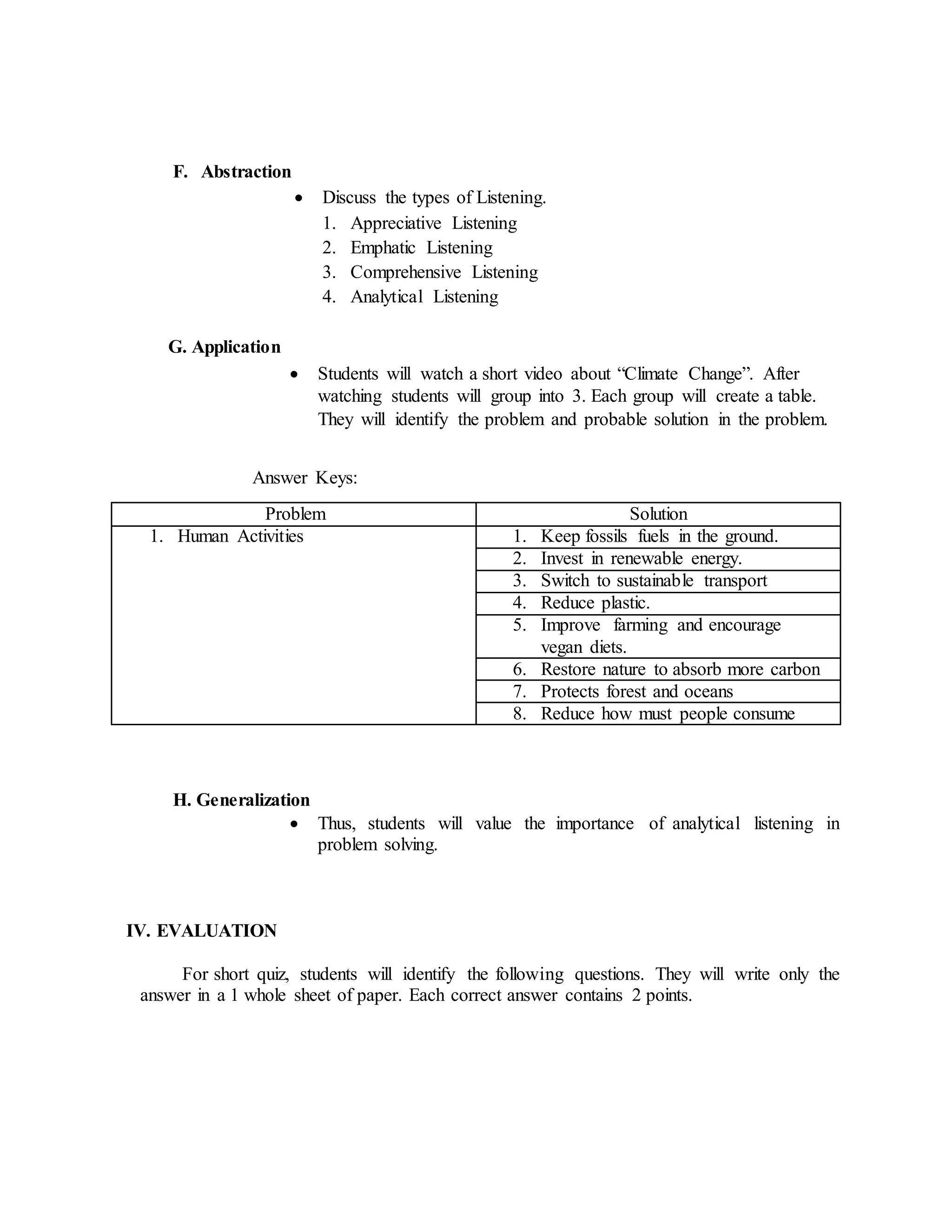 F. Abstraction
 Discuss the types of Listening.
1. Appreciative Listening
2. Emphatic Listening
3. Comprehensive Listening
4. Analytical Listening
G. Application
 Students will watch a short video about “Climate Change”. After
watching students will group into 3. Each group will create a table.
They will identify the problem and probable solution in the problem.
Answer Keys:
Problem Solution
1. Human Activities 1. Keep fossils fuels in the ground.
2. Invest in renewable energy.
3. Switch to sustainable transport
4. Reduce plastic.
5. Improve farming and encourage
vegan diets.
6. Restore nature to absorb more carbon
7. Protects forest and oceans
8. Reduce how must people consume
H. Generalization
 Thus, students will value the importance of analytical listening in
problem solving.
IV. EVALUATION
For short quiz, students will identify the following questions. They will write only the
answer in a 1 whole sheet of paper. Each correct answer contains 2 points.
 