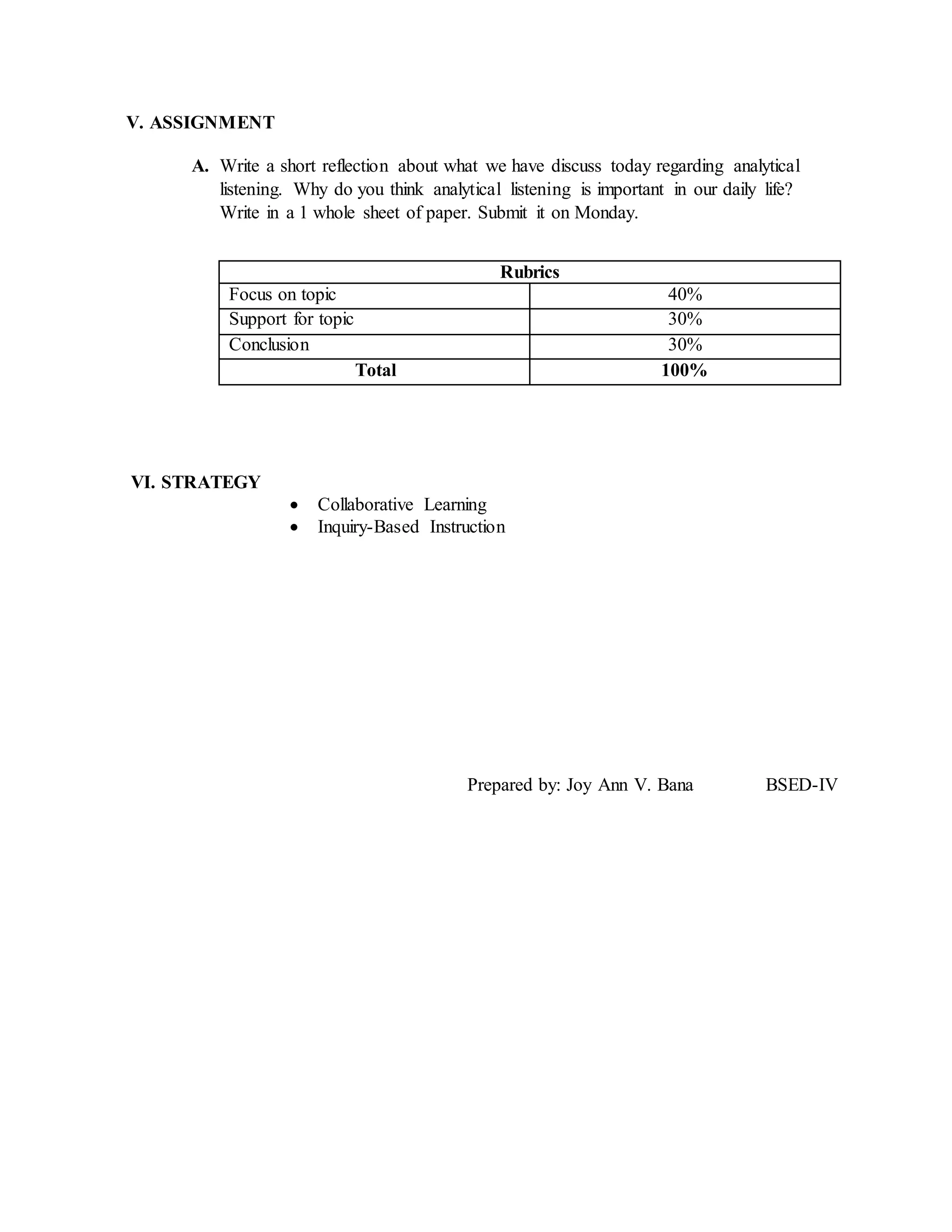 V. ASSIGNMENT
A. Write a short reflection about what we have discuss today regarding analytical
listening. Why do you think analytical listening is important in our daily life?
Write in a 1 whole sheet of paper. Submit it on Monday.
Rubrics
Focus on topic 40%
Support for topic 30%
Conclusion 30%
Total 100%
VI. STRATEGY
 Collaborative Learning
 Inquiry-Based Instruction
Prepared by: Joy Ann V. Bana BSED-IV
 