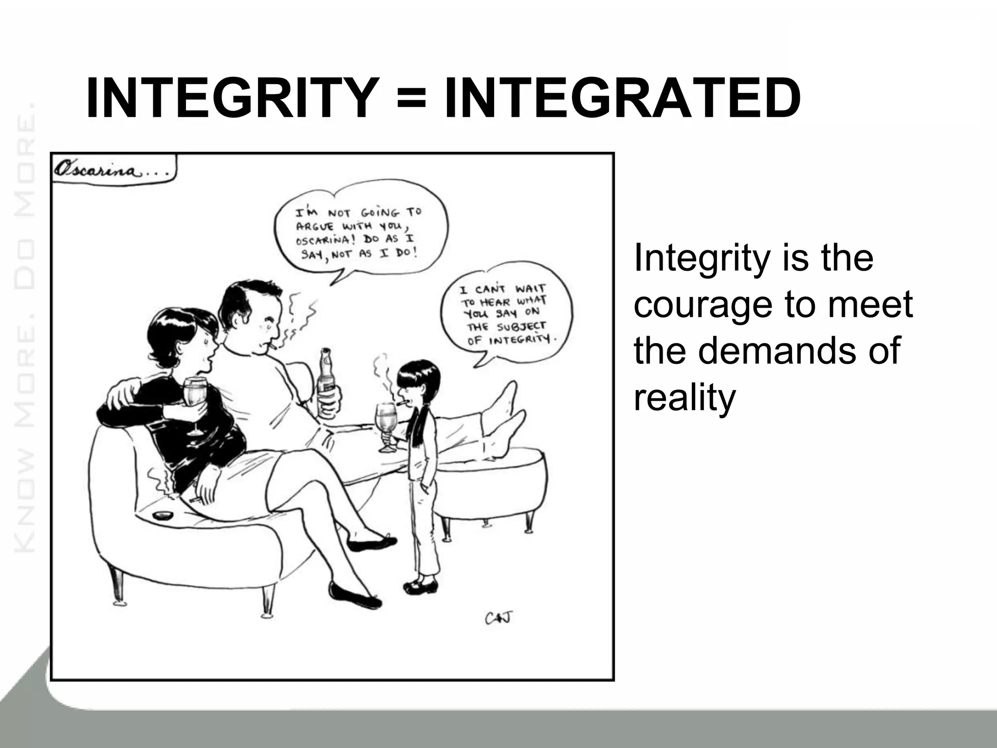 INTEGRITY = INTEGRATED

                Integrity is the
                courage to meet
                the demands of
                reality
 