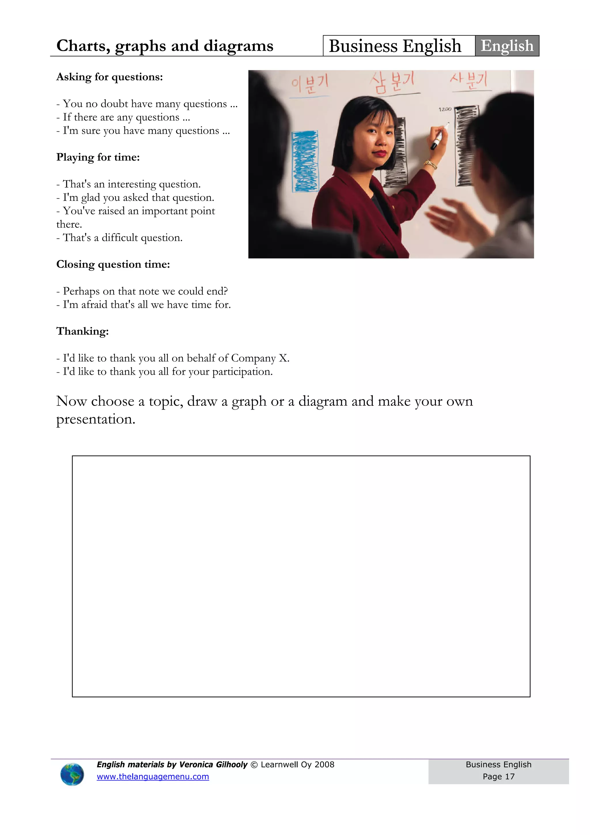 Charts, graphs and diagrams Business English English
Asking for questions:
- You no doubt have many questions ...
- If there are any questions ...
- I'm sure you have many questions ...
Playing for time:
- That's an interesting question.
- I'm glad you asked that question.
- You've raised an important point
there.
- That's a difficult question.
Closing question time:
- Perhaps on that note we could end?
- I'm afraid that's all we have time for.
Thanking:
- I'd like to thank you all on behalf of Company X.
- I'd like to thank you all for your participation.
Now choose a topic, draw a graph or a diagram and make your own
presentation.
English materials by Veronica Gilhooly © Learnwell Oy 2008
www.thelanguagemenu.com
Business English
Page 17
 