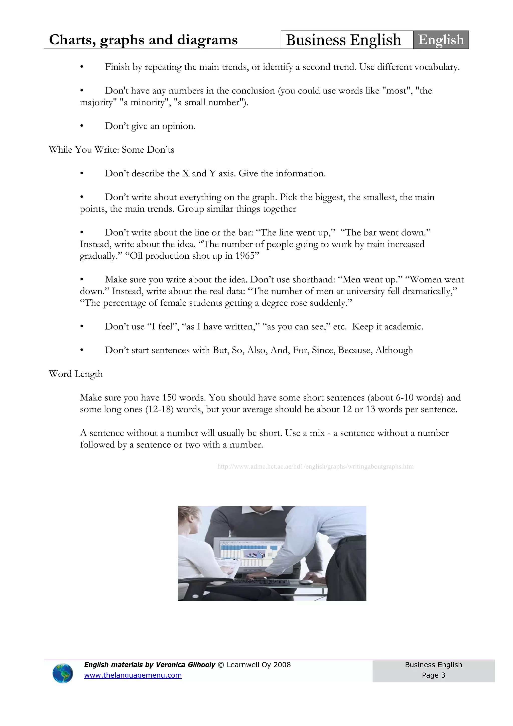 Charts, graphs and diagrams Business English English
• Finish by repeating the main trends, or identify a second trend. Use different vocabulary.
• Don't have any numbers in the conclusion (you could use words like "most", "the
majority" "a minority", "a small number").
• Don’t give an opinion.
While You Write: Some Don’ts
• Don’t describe the X and Y axis. Give the information.
• Don’t write about everything on the graph. Pick the biggest, the smallest, the main
points, the main trends. Group similar things together
• Don’t write about the line or the bar: “The line went up,” “The bar went down.”
Instead, write about the idea. “The number of people going to work by train increased
gradually.” “Oil production shot up in 1965”
• Make sure you write about the idea. Don’t use shorthand: “Men went up.” “Women went
down.” Instead, write about the real data: “The number of men at university fell dramatically,”
“The percentage of female students getting a degree rose suddenly.”
• Don’t use “I feel”, “as I have written,” “as you can see,” etc. Keep it academic.
• Don’t start sentences with But, So, Also, And, For, Since, Because, Although
Word Length
Make sure you have 150 words. You should have some short sentences (about 6-10 words) and
some long ones (12-18) words, but your average should be about 12 or 13 words per sentence.
A sentence without a number will usually be short. Use a mix - a sentence without a number
followed by a sentence or two with a number.
http://www.admc.hct.ac.ae/hd1/english/graphs/writingaboutgraphs.htm
English materials by Veronica Gilhooly © Learnwell Oy 2008
www.thelanguagemenu.com
Business English
Page 3
 