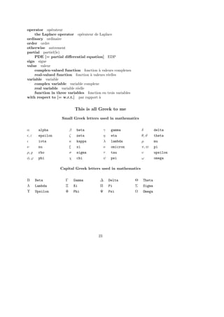 operator op´erateur
the Laplace operator op´erateur de Laplace
ordinary ordinaire
order ordre
otherwise autrement
partial partiel(le)
PDE [= partial diﬀerential equation] EDP
sign signe
value valeur
complex-valued function fonction `a valeurs complexes
real-valued function fonction `a valeurs r´eelles
variable variable
complex variable variable complexe
real variable variable r´eelle
function in three variables fonction en trois variables
with respect to [= w.r.t.] par rapport `a
This is all Greek to me
Small Greek letters used in mathematics
α alpha β beta γ gamma δ delta
, ε epsilon ζ zeta η eta θ, ϑ theta
ι iota κ kappa λ lambda µ mu
ν nu ξ xi o omicron π, pi
ρ, rho σ sigma τ tau υ upsilon
φ, ϕ phi χ chi ψ psi ω omega
Capital Greek letters used in mathematics
B Beta Γ Gamma ∆ Delta Θ Theta
Λ Lambda Ξ Xi Π Pi Σ Sigma
Υ Upsilon Φ Phi Ψ Psi Ω Omega
23
 