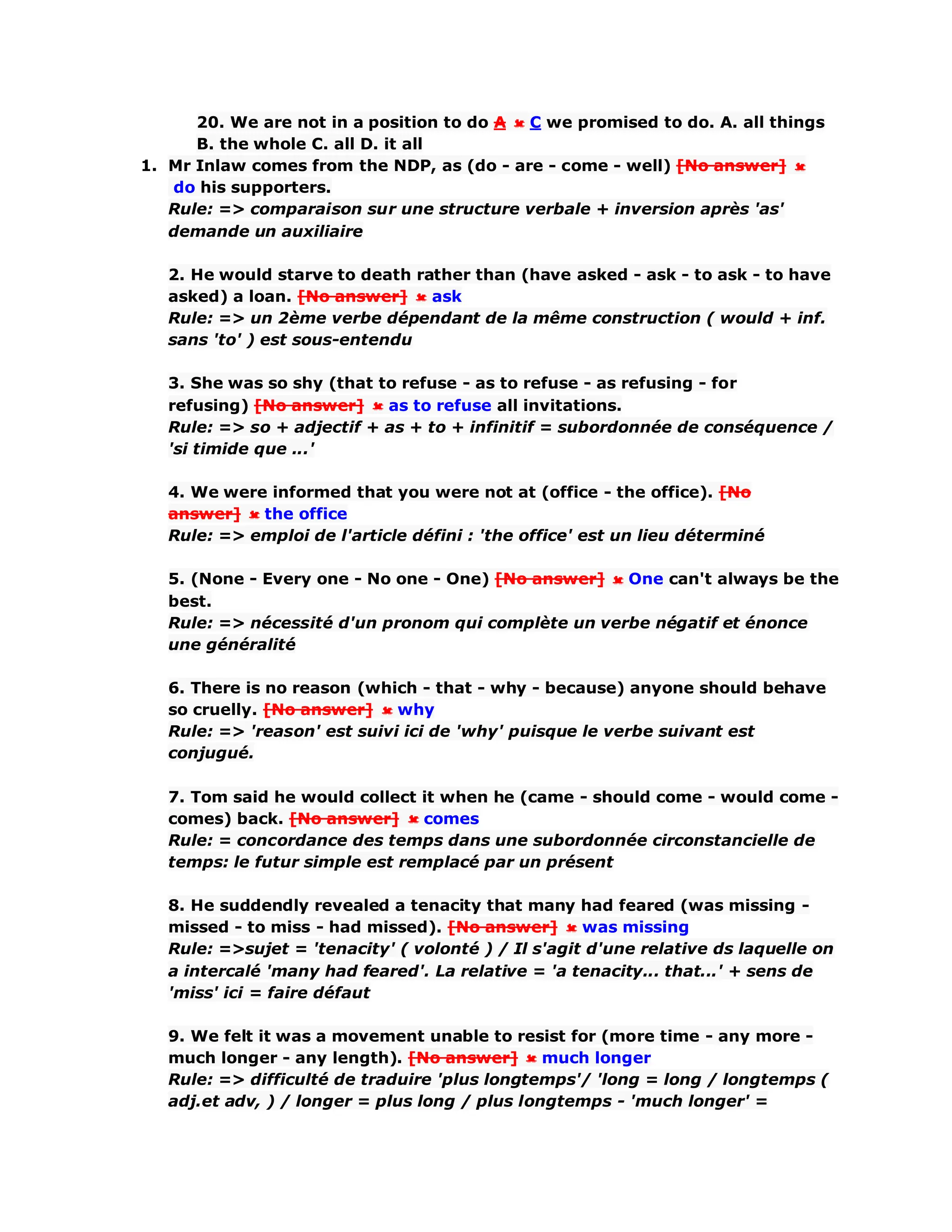 20. We are not in a position to do A C we promised to do. A. all things
B. the whole C. all D. it all
1. Mr Inlaw comes from the NDP, as (do - are - come - well) [No answer]
do his supporters.
Rule: => comparaison sur une structure verbale + inversion après 'as'
demande un auxiliaire
2. He would starve to death rather than (have asked - ask - to ask - to have
asked) a loan. [No answer] ask
Rule: => un 2ème verbe dépendant de la même construction ( would + inf.
sans 'to' ) est sous-entendu
3. She was so shy (that to refuse - as to refuse - as refusing - for
refusing) [No answer] as to refuse all invitations.
Rule: => so + adjectif + as + to + infinitif = subordonnée de conséquence /
'si timide que ...'
4. We were informed that you were not at (office - the office). [No
answer] the office
Rule: => emploi de l'article défini : 'the office' est un lieu déterminé
5. (None - Every one - No one - One) [No answer] One can't always be the
best.
Rule: => nécessité d'un pronom qui complète un verbe négatif et énonce
une généralité
6. There is no reason (which - that - why - because) anyone should behave
so cruelly. [No answer] why
Rule: => 'reason' est suivi ici de 'why' puisque le verbe suivant est
conjugué.
7. Tom said he would collect it when he (came - should come - would come -
comes) back. [No answer] comes
Rule: = concordance des temps dans une subordonnée circonstancielle de
temps: le futur simple est remplacé par un présent
8. He suddendly revealed a tenacity that many had feared (was missing -
missed - to miss - had missed). [No answer] was missing
Rule: =>sujet = 'tenacity' ( volonté ) / Il s'agit d'une relative ds laquelle on
a intercalé 'many had feared'. La relative = 'a tenacity... that...' + sens de
'miss' ici = faire défaut
9. We felt it was a movement unable to resist for (more time - any more -
much longer - any length). [No answer] much longer
Rule: => difficulté de traduire 'plus longtemps'/ 'long = long / longtemps (
adj.et adv, ) / longer = plus long / plus longtemps - 'much longer' =
 
