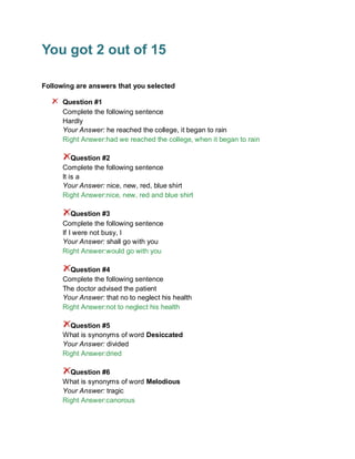 You got 2 out of 15
Following are answers that you selected
Question #1
Complete the following sentence
Hardly
Your Answer: he reached the college, it began to rain
Right Answer:had we reached the college, when it began to rain
Question #2
Complete the following sentence
It is a
Your Answer: nice, new, red, blue shirt
Right Answer:nice, new, red and blue shirt
Question #3
Complete the following sentence
If I were not busy, I
Your Answer: shall go with you
Right Answer:would go with you
Question #4
Complete the following sentence
The doctor advised the patient
Your Answer: that no to neglect his health
Right Answer:not to neglect his health
Question #5
What is synonyms of word Desiccated
Your Answer: divided
Right Answer:dried
Question #6
What is synonyms of word Melodious
Your Answer: tragic
Right Answer:canorous
 