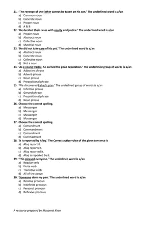 21. ‘The revenge of the father cannot be taken on his son.’ The underlined word is a/an
a) Common noun
b) Concrete noun
c) Proper noun
d) A & B
22. ‘He decided their cases with equity and justice.’ The underlined word is a/an
a) Proper noun
b) Abstract noun
c) Collective noun
d) Material noun
23. ‘He did not take care of his pet.’ The underlined word is a/an
a) Abstract noun
b) Concrete noun
c) Collective noun
d) Not a noun
24. ‘As a young trader, he earned the good reputation.’ The underlined group of words is a/an
a) Adjective phrase
b) Adverb phrase
c) Noun phrase
d) Prepositional phrase
25. ‘We discovered Fahad’s plan.’ The underlined group of words is a/an
a) Infinitive phrase
b) Gerund phrase
c) Prepositional phrase
d) Noun phrase
26. Choose the correct spelling.
a) Messanger
b) Messenger
c) Massanger
d) Massenger
27. Choose the correct spelling.
a) Comandmant
b) Commandment
c) Comandment
d) Commadmant
28. ‘It is reported by Afaq.’ The Correct active voice of the given sentence is
a) Afaq report it.
b) Afaq reports it.
c) Afaq reported it.
d) Afaq is reported by it.
29. ‘This pleased everyone.’ The underlined word is a/an
a) Regular verb
b) Finite verb
c) Transitive verb
d) All of the above
30. ‘Someone stole my pen.’ The underlined word is a/an
a) Relative pronoun
b) Indefinite pronoun
c) Personal pronoun
d) Reflexive pronoun
A resource prepared by Musarrat Khan
 