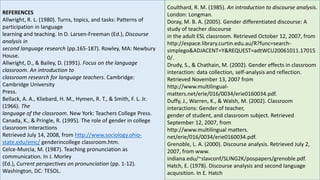 REFERENCES
Allwright, R. L. (1980). Turns, topics, and tasks: Patterns of
participation in language
learning and teaching. In D. Larsen-Freeman (Ed.), Discourse
analysis in
second language research (pp.165-187). Rowley, MA: Newbury
House.
Allwright, D., & Bailey, D. (1991). Focus on the language
classroom. An introduction to
classroom research for language teachers. Cambridge:
Cambridge University
Press.
Bellack, A. A., Kliebard, H. M., Hymen, R. T., & Smith, F. L. Jr.
(1966). The
language of the classroom. New York: Teachers College Press.
Canada, K., & Pringle, R. (1995). The role of gender in college
classroom interactions
Retrieved July 14, 2008, from http://www.sociology.ohio-
state.edu/emc/ genderincollege classroom.htm.
Celce-Murcia, M. (1987). Teaching pronunciation as
communication. In J. Morley
(Ed.), Current perspectives on pronunciation (pp. 1-12).
Washington, DC: TESOL.
Coulthard, R. M. (1985). An introduction to discourse analysis.
London: Longman.
Doray, M. B. A. (2005). Gender differentiated discourse: A
study of teacher discourse
in the adult ESL classroom. Retrieved October 12, 2007, from
http://espace.library.curtin.edu.au/R?func=search-
simplego&ADJACENT=Y&REQUEST=adtWCU20061011.17015
0/.
Drudy, S., & Chathain, M. (2002). Gender effects in classroom
interaction: data collection, self-analysis and reflection.
Retrieved November 13, 2007 from
http://www.multilingual-
matters.net/erie/016/0034/erie0160034.pdf.
Duffy, J., Warren, K., & Walsh, M. (2002). Classroom
interactions: Gender of teacher,
gender of student, and classroom subject. Retrieved
September 12, 2007, from
http://www.multilingual matters.
net/erie/016/0034/erie0160034.pdf.
Grenoble, L. A. (2000). Discourse analysis. Retrieved July 2,
2007, from www.
indiana.edu/~slavconf/SLING2K/pospapers/grenoble.pdf.
Hatch, E. (1978). Discourse analysis and second language
acquisition. In E. Hatch
 