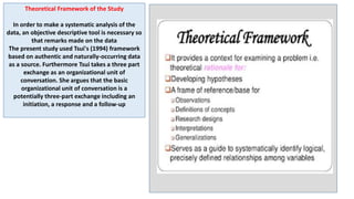 Theoretical Framework of the Study
In order to make a systematic analysis of the
data, an objective descriptive tool is necessary so
that remarks made on the data
The present study used Tsui's (1994) framework
based on authentic and naturally-occurring data
as a source. Furthermore Tsui takes a three part
exchange as an organizational unit of
conversation. She argues that the basic
organizational unit of conversation is a
potentially three-part exchange including an
initiation, a response and a follow-up
 