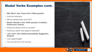Jens Martensson
• Will- Won’t: Use- Future time, Polite question.
• It will rain tomorrow.
• Will you please lower your tone?
• Would- Wouldn’t: Use- Polite question, Invitation,
Preferences, Desires.
• Would you please come to my party?
• Would you rather have apples or peaches?
• Can- Can’t: Use- Ability/ Impossibility, Suggestion,
Request.
• I can speak English.
• You can call him in the morning.
5
Modal Verbs Examples cont.
 
