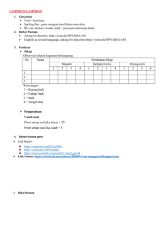 LAMPIRAN-LAMPIRAN
1. Glosarium
 Verb = kata kerja
 Spelling Bee : game mengeja huruf dalam suatu kata
 BE, can, do/does, would, could = jenis-jenis kata kerja bantu
2. Daftar Pustaka
 Asking for direction https://youtu.be/DPYJQSA-x50 .
 English as second language, asking for direction https://youtu.be/DPYJQSA-x50.
3. Penilaian
 Sikap
Observasi selama kegiatan berlangsung
No Nama Perubahan Sikap
Mandiri Berpikir kritis Percaya diri
1 2 3 4 1 2 3 4 1 2 3 4
1.
2.
3.
Keterangan :
1 = Kurang baik
2 = Cukup baik
3 = Baik
4 = Sangat baik
 Pengetahuan
5 soal essai
Point setiap soal jika benar = 20
Point setiap soal jika salah = 5
4. Bahan bacaan guru
 Link Materi :
https://youtu.be/woaU3cLuNHA
https://youtu.be/51IbWni8dRs
https://www.youtube.com/watch?v=Isjq5_g2cdk
 Link Games: https://wordwall.net/resource/8988944/yuk-mengenal-bilangan-bulat
 Buku Bacaan
 