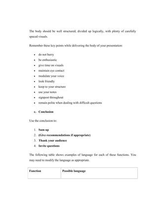 The body should be well structured, divided up logically, with plenty of carefully spaced visuals. 
Remember these key points while delivering the body of your presentation: 
 do not hurry 
 be enthusiastic 
 give time on visuals 
 maintain eye contact 
 modulate your voice 
 look friendly 
 keep to your structure 
 use your notes 
 signpost throughout 
 remain polite when dealing with difficult questions 
c. Conclusion 
Use the conclusion to: 
1. Sum up 
2. (Give recommendations if appropriate) 
3. Thank your audience 
4. Invite questions 
The following table shows examples of language for each of these functions. You may need to modify the language as appropriate. 
Function 
Possible language  