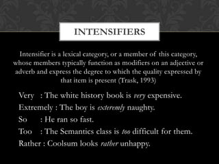 INTENSIFIERS
Intensifier is a lexical category, or a member of this category,
whose members typically function as modifier...