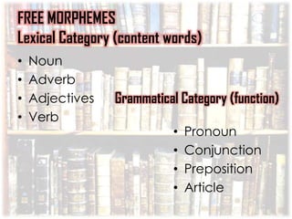 FREE MORPHEMES
Lexical Category (content words)
•
•
•
•

Noun
Adverb
Adjectives
Verb

Grammatical Category (function)
•
•
•
•

Pronoun
Conjunction
Preposition
Article

 