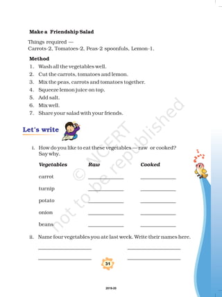 Make a Friendship Salad
Method
Things required —
Carrots-2, Tomatoes-2, Peas-2 spoonfuls, Lemon-1.
1. Wash all the vegetables well.
2. Cut the carrots, tomatoes and lemon.
3. Mix the peas, carrots and tomatoes together.
4. Squeeze lemon juice on top.
5. Add salt.
6. Mix well.
7. Share your salad with your friends.
i. How do you like to eat these vegetables — raw or cooked?
Say why.
carrot ______________ ______________
turnip ______________ ______________
potato ______________ ______________
onion ______________ ______________
beans ______________ ______________
ii. Name four vegetables you ate last week. Write their names here.
_____________________ _____________________
_____________________ _____________________
Vegetables Raw Cooked
Let’s write
!
2019-20
 
