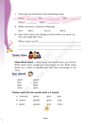 Team time
i. Now write the full forms of the following words.
Can’t __________ It’s ____________ Isn’t __________
What's __________ That's ____________
ii. Make sentences using the following
He’s She’s You’re We’re
iii. Now write about two things you'll do when you grow up.
You can begin like this :
When I grow up I'll _________________________________________
____________________________________________________________
____________________________________________________________
Class Word Chart — How many new words have you learnt?
Write down three words you have learnt so far. Write them
down on a chart or blackboard. Tell their meanings to the
class.
giant goose
jam grey
gym gold
June gum
a. January goose gem jam
b. jacket giraffe grow July
c. giant grapes grey June
Choose and tick the words with a 'j' sound
Say aloud
90
2019-20
 