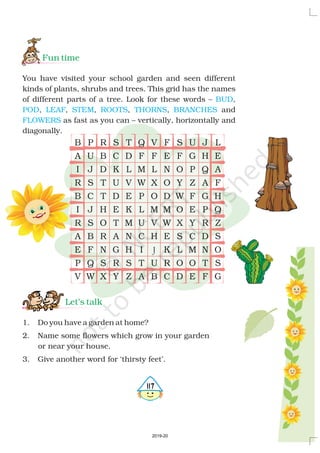 Fun time
Let’s talk
You have visited your school garden and seen different
kinds of plants, shrubs and trees. This grid has the names
of different parts of a tree. Look for these words – ,
, , , , , and
as fast as you can – vertically, horizontally and
diagonally.
1. Do you have a garden at home?
2. Name some flowers which grow in your garden
or near your house.
3. Give another word for ‘thirsty feet’.
BUD
POD LEAF STEM ROOTS THORNS BRANCHES
FLOWERS
B
A
I
R
B
I
R
A
E
P
V
P
U
J
S
C
J
S
B
F
Q
W
R
B
D
T
T
H
O
R
N
S
X
S
C
K
U
D
E
T
A
G
R
Y
T
D
L
V
E
K
M
N
H
S
Z
Q
F
M
W
P
L
U
C
I
T
A
V
F
L
X
O
M
V
H
J
U
B
F
E
N
O
D
M
W
E
K
R
C
S
F
O
Y
W
O
X
S
L
O
D
U
G
P
Z
F
E
Y
C
M
O
E
J
H
Q
A
G
P
R
D
N
T
F
L
E
A
F
H
Q
Z
S
O
S
G
4117
2019-20
 