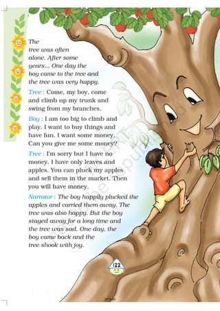 The
tree was often
alone. After some
years... One day the
boy came to the tree and
the tree was very happy.
The boy happily plucked the
apples and carried them away. The
tree was also happy. But the boy
stayed away for a long time and
the tree was sad. One day, the
boy came back and the
tree shook with joy.
Come, my boy, come
and climb up my trunk and
swing from my branches.
I am too big to climb and
play. I want to buy things and
have fun. I want some money.
Can you give me some money?
I’m sorry but I have no
money. I have only leaves and
apples. You can pluck my apples
and sell them in the market. Then
you will have money.
Tree
Boy
Tree
Narrator
:
:
:
:
5122
2019-20
 