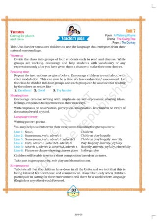 This Unit further sensitises children to use the language that energises from their
natural surroundings.
Divide the class into groups of four students each to read and discuss. While
groups are working, encourage and help students with vocabulary or any
expressions only after you have given them a chance to make their own choices.
Repeat the instructions as given before. Encourage children to read aloud with
voice modulation. This can now be a time of class evaluation/ assessment. Let
the class be divided into four groups and each group can be assessed for reading
by the others on scales like –
Encourage creative writing with emphasis on self-expression, sharing ideas,
feelings, responses to experiences in their own ways.
With emphasis on observation, perception, imagination, let children be aware of
the natural world around.
Writing pattern poems
You may help students write their own poems following the given pattern–
Noun
Same noun, verb, adverb 1
Same noun, verb, adverb 1, adverb 2
Verb, adverb 1, adverb 2, adverb 3
Adverb 1, adverb 2, adverb 3, adverb 4
Phrase or clause showing time or place
Children will be able to write a short composition based on pictures.
Take part in group activity, role play and dramatisation.
Tabulate all that the children have done in all the Units and see to it that this is
being followed both with love and commitment. Remember, only when children
participate in caring for their environment will there be a world where language
(English or any other) would be used.
1. 2. 3.
Warm up
Reading time
Sharing time
Language corner
Environment
Excellent! Good Try harder
Line 1:
Line 2:
Line 3:
Line 4:
Line 5:
Line 6:
Children
Children play happily
Children play happily, merrily
Play, happily, merrily, joyfully
Happily, merrily, joyfully, cheerfully
In the garden
Unit 7
Poem :
Drama :
Poem :
A Watering Rhyme
The Giving Tree
The Donkey
THEMES
Caring for plants
and trees Tea h r's a ec pe g
5133
2019-20
 