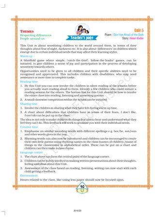 This Unit is about sensitising children to the world around them, in terms of their
thoughts about fear of night, darkness etc. It is also about ‘differences’ in children which
emerge due to certain individual needs that may affect their learning styles.
A blindfold game where simple, ‘catch-the-thief’, ‘follow-the-leader’ games, can be
initiated, to give children a sense of joy and participation in the process of developing
sensitivity towards others.
Opportunities need to be given to all children and their specific abilities need to be
recognised and appreciated. This includes children with disabilities, who may need
assistance or more time to complete tasks.
1. By this Unit you can now involve the children in silent reading of the lessons before
you actually start reading aloud to them. Identify a few children who could initiate a
reading session for the others. The bottom line for this Unit should be how to involve
the entire class into reading, listening and answering queries.
2. A small classwise competition within the school can be initiated.
1. Involve the children in sharing what they have felt during warm up time.
2. A chart about difficulties that children have in terms of their fears, ,
can be put up in the class.
The idea is not only to make children do things but also to hear and understand what they
feel they can’t do. This feedback will work to sensitise you with their individual needs.
1. Emphasise on similar sounding words with different spellings e.g. bee/be, son/sun
and other words given in the text.
2. Rhyming words can also now be introduced and children can be encouraged to create
their own little poems using rhyming names in the class (names of children /name of
things in the classrooms) in alphabetical order. These can be put on a chart and
children can then make a class rhyme.
1. The chart above can form the central point of the language corner.
2. Children can be subtly involved in making written presentations about their thoughts,
feeling and ideas about this Unit.
3. Assessment of the class based on reading, listening, writing can now start with each
child getting a feedback.
Issues related to the class, like using less paper should now be focused upon.
I don’t like
I can’t do
Warm up
Reading time
Sharing time
Creative time
Language corner
Environment
490
Unit 5
Poem :
Story:
Don’t be Afraid of the Dark
Helen Keller
THEMES
Respecting differences
People around us Tea h r's a ec pe g
2019-20
 