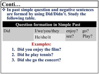 Conti…
❖ In past simple question and negative sentences
are formed by using Did/Didn’t. Study the
following table.
Examples:
1. Did you enjoy the film?
2. Did he play tennis?
3. Did she go the concert?
Question formation in Simple Past
Did I/we/you/they enjoy? go?
see? Play?
He/she/it
 