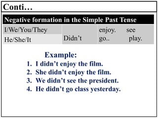 Conti…
Example:
1. I didn’t enjoy the film.
2. She didn’t enjoy the film.
3. We didn’t see the president.
4. He didn’t go class yesterday.
Negative formation in the Simple Past Tense
I/We/You/They
Didn’t
enjoy. see
go.. play.
He/She/It
 