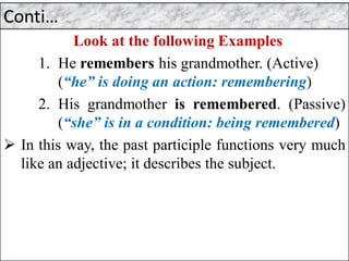 Conti…
Look at the following Examples
1. He remembers his grandmother. (Active)
(“he” is doing an action: remembering)
2. His grandmother is remembered. (Passive)
(“she” is in a condition: being remembered)
➢ In this way, the past participle functions very much
like an adjective; it describes the subject.
 