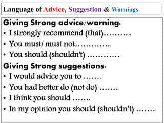 Language of Advice, Suggestion & Warnings
Giving Strong advice/warning:
• I strongly recommend (that)………..
• You must/ must not…………..
• You should (shouldn't) …………
Giving Strong suggestions:
• I would advice you to …….
• You had better do (not do) ……..
• I think you should …….
• In my opinion you should (shouldn’t) ……..
 