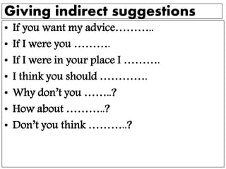 Giving indirect suggestions
• If you want my advice………..
• If I were you ……….
• If I were in your place I ……….
• I think you should ………….
• Why don’t you ……..?
• How about ………..?
• Don’t you think ………..?
 