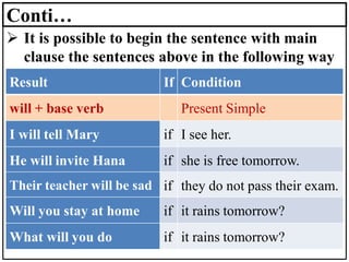Conti…
➢ It is possible to begin the sentence with main
clause the sentences above in the following way
Result If Condition
will + base verb Present Simple
I will tell Mary if I see her.
He will invite Hana if she is free tomorrow.
Their teacher will be sad if they do not pass their exam.
Will you stay at home if it rains tomorrow?
What will you do if it rains tomorrow?
 
