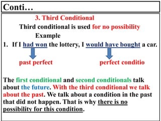 Conti…
3. Third Conditional
Third conditional is used for no possibility
Example
1. If I had won the lottery, I would have bought a car.
past perfect perfect conditio
The first conditional and second conditionals talk
about the future. With the third conditional we talk
about the past. We talk about a condition in the past
that did not happen. That is why there is no
possibility for this condition.
 