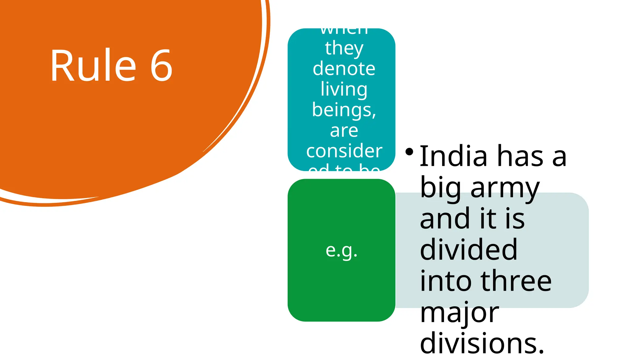 Rule 6
even
when
they
denote
living
beings,
are
consider
ed to be
of
neuter
gender.
• India has a
big army
and it is
divided
into three
major
divisions.
e.g.
 