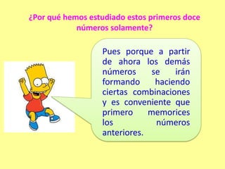 ¿Por qué hemos estudiado estos primeros doce
            números solamente?

                  Pues porque a partir
                  de ahora los demás
                  números      se    irán
                  formando      haciendo
                  ciertas combinaciones
                  y es conveniente que
                  primero     memorices
                  los           números
                  anteriores.
 