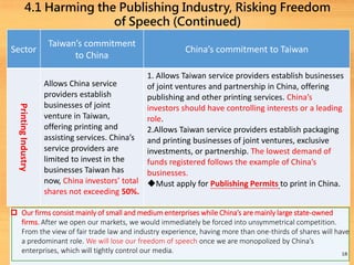 18
Sector
Taiwan’s commitment
to China
China’s commitment to Taiwan
PrintingIndustry
Allows China service
providers establish
businesses of joint
venture in Taiwan,
offering printing and
assisting services. China’s
service providers are
limited to invest in the
businesses Taiwan has
now, China investors’ total
shares not exceeding 50%.
1. Allows Taiwan service providers establish businesses
of joint ventures and partnership in China, offering
publishing and other printing services. China’s
investors should have controlling interests or a leading
role.
2.Allows Taiwan service providers establish packaging
and printing businesses of joint ventures, exclusive
investments, or partnership. The lowest demand of
funds registered follows the example of China’s
businesses.
Must apply for Publishing Permits to print in China.
 Our firms consist mainly of small and medium enterprises while China’s are mainly large state-owned
firms. After we open our markets, we would immediately be forced into unsymmetrical competition.
From the view of fair trade law and industry experience, having more than one-thirds of shares will have
a predominant role. We will lose our freedom of speech once we are monopolized by China’s
enterprises, which will tightly control our media.
4.1 Harming the Publishing Industry, Risking Freedom
of Speech (Continued)
 