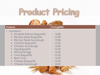 Products Pricing(RM)
• Sandwich
 Smoked Salmon Baguette
 Rib Eye Steak Baguette
 Rib Eye Steak Sourdough
 Chicken Baguette
 Chicken Sourdough
 Egg Baguette
 Normand Egg
 Tuna Baguette
 Bran Tuna
 Cheese Baguette
 Cheese Sourdough
- 15.80
- 10.00
- 19.80
- 10.00
- 16.80
- 10.00
- 16.00
- 10.00
- 15.00
- 10.00
- 18.00
 