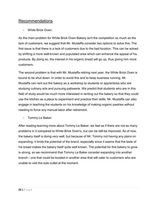 26 | P a g e
Recommendations
- White Brick Oven:
As the main problem for White Brick Oven Bakery isn't the competition so much as the
lack of customers, we suggest that Mr. Mustaffa consider two options to solve this. The
first issue is that there is a lack of customers due to the bad location. This can be solved
by shifting a more well-known and populated area which can enhance the appeal of his
products. By doing so, the interest in his organic bread will go up, thus giving him more
customers.
The second problem is that with Mr. Mustaffa retiring next year, the White Brick Oven is
bound to be shut down. In order to avoid this and to keep business running, Mr.
Mustaffa can rent out the bakery as a workshop to students or apprentices who are
studying culinary arts and pursuing patisserie. We predict that students who are in this
field of study would be much more interested in renting out the bakery so that they could
use the kitchen as a place to experiment and practice their skills. Mr. Mustaffa can also
engage in teaching the students on his knowledge of making organic pastries without
needing to force any manual labor after retirement.
- Tommy Le Baker:
After reading learning more about Tommy Le Baker, we feel as if there are not as many
problems in it compared to White Brick Oven's, but can be still be improved. As of now,
the bakery itself is doing very well, but because of Mr. Tommy not having any plans on
expanding, it limits the potential of the brand, especially since it seems that the taste of
his bread makes the bakery itself quite well known. The potential for this bakery to grow
is strong, so we recommend that Tommy Le Baker consider expanding into another
branch - one that could be located in another area that will cater to customers who are
unable to visit the sole outlet at the moment.
 