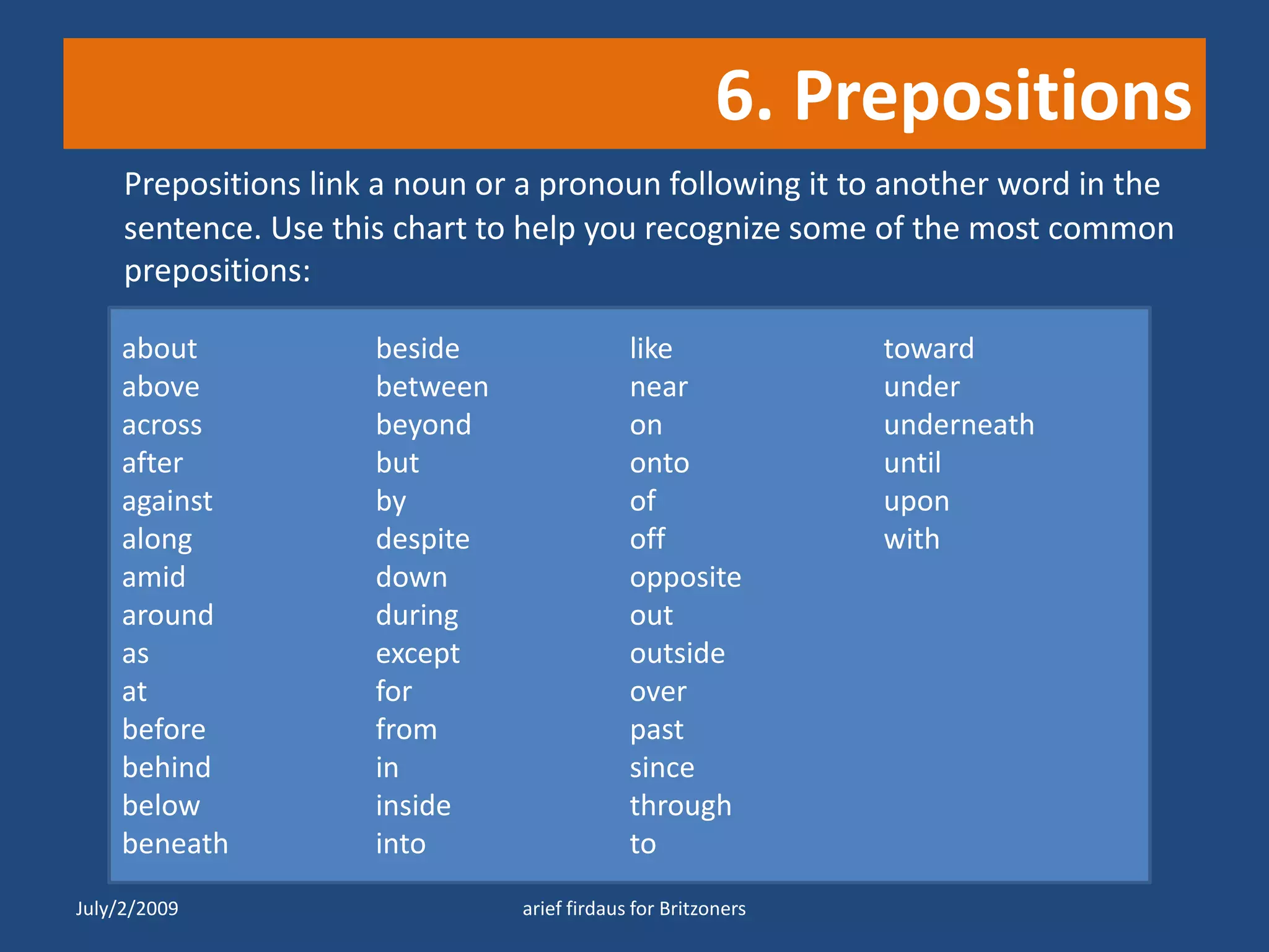 6. PrepositionsPrepositions link a noun or a pronoun following it to another word in the sentence. Use this chart to help you recognize some of the most common prepositions:about 	above across after against alongamid around 	as at before behindbelow beneath beside  between beyond butby despite down during except forfrom in inside into like nearon onto of off opposite outoutside over past  since through totoward under underneath until upon withJuly/2/2009arief firdaus for Britzoners