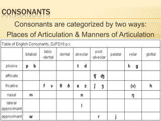 CONSONANTS
Consonants are categorized by two ways:
Places of Articulation & Manners of Articulation
 