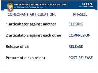 CONSONANT ARTICULATION: PHASES:
1 articultator against another
2 articulators against each other
Release of air
Presure of air (plosion)
CLOSING
COMPRESION
RELEASE
POST RELEASE
18
 