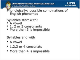Phonolgically: possible combinations of
English phonemes
Syllables start with:
 A vowel
 1, 2 or 3 consonants
 More than 3 is impossible
Syllables end with
 A vowel
 1,2,3 or 4 consonats
 More than 4 is impossible
 