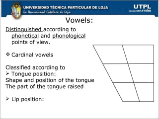 Vowels:
Distinguished according to
phonetical and phonological
points of view.
 Cardinal vowels
Classified according to
 Tongue position:
Shape and position of the tongue
The part of the tongue raised
 Lip position:
5
 