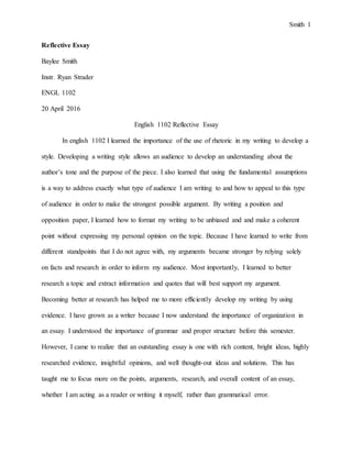 Smith 1
Reflective Essay
Baylee Smith
Instr. Ryan Strader
ENGL 1102
20 April 2016
English 1102 Reflective Essay
In english 1102 I learned the importance of the use of rhetoric in my writing to develop a
style. Developing a writing style allows an audience to develop an understanding about the
author’s tone and the purpose of the piece. I also learned that using the fundamental assumptions
is a way to address exactly what type of audience I am writing to and how to appeal to this type
of audience in order to make the strongest possible argument. By writing a position and
opposition paper, I learned how to format my writing to be unbiased and and make a coherent
point without expressing my personal opinion on the topic. Because I have learned to write from
different standpoints that I do not agree with, my arguments became stronger by relying solely
on facts and research in order to inform my audience. Most importantly, I learned to better
research a topic and extract information and quotes that will best support my argument.
Becoming better at research has helped me to more efficiently develop my writing by using
evidence. I have grown as a writer because I now understand the importance of organization in
an essay. I understood the importance of grammar and proper structure before this semester.
However, I came to realize that an outstanding essay is one with rich content, bright ideas, highly
researched evidence, insightful opinions, and well thought-out ideas and solutions. This has
taught me to focus more on the points, arguments, research, and overall content of an essay,
whether I am acting as a reader or writing it myself, rather than grammatical error.
 