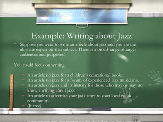Example: Writing about Jazz Suppose you were to write an article about jazz and you are the ultimate expert on that subject. There is a broad range of target audiences and purposes! You could focus on writing An article on jazz for a children’s educational book. An article on jazz for a forum of experienced jazz musicians. An article on jazz and its history for those who may or may not know anything about jazz. An article to advertise your jazz store to your local youth community. (Juarez). Example quoted from [http://www.writinghood.com/Style/How-To/Know-Your-Target-Audience.72349]   