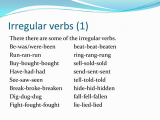 Irregular verbs (1)Theretherearesome of the irregular verbs.Be-was/were-beenbeat-beat-beatenRun-ran-runring-rang-rungBuy-bought-boughtsell-sold-soldHave-had-hadsend-sent-sentSee-saw-seentell-told-toldBreak-broke-breakenhide-hid-hiddenDig-dug-dugfall-fell-fallenFight-fought-foughtlie-lied-lied